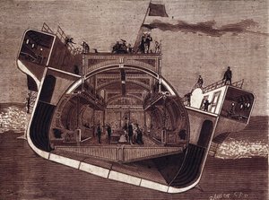 Tværsnit af en båd designet mod søsyge af Henry Bessemer (1813-1898). Gravering 1800-tallet. af Unknown artist