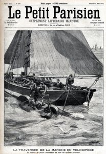 Krydser ærmet i velociped: en fiskerbåd samler Georges Pinkert til søs, som havde satset på at krydse ærmet med vandvelocipeden, han havde opfundet. Gravering i "" Le Parisien"" af Unknown artist