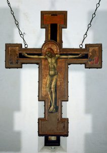 Korsfæstelse Anonymt træmaleri på bagsiden af et kors. Varazze fra det 15. århundrede, Cappella del Castello Invrea Italien af Unknown artist