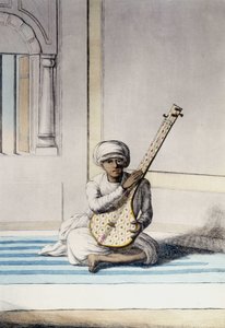 Kultur, civilisation og det indiske samfund: Musiker, der spiller Thambourah (Tamboura), Indiens traditionelle instrument. Stik 1808. af Unknown artist