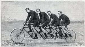 Cyklist på en cykel kaldet "quadruplette gladiator". Indgravering i ""La Nature"" af Unknown artist