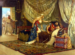 Dalila er ved at klippe Samsons hår for at forbedre hendes styrke. 19. århundrede. af Unknown artist