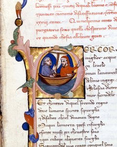 Dante Alighieri: Guddommelig komedie (guddommelig komedie) begyndelse af skærsilden. Dante og Virgil. manuskript fra det 14. århundrede. Milano bibl. Trivulziana af Unknown artist