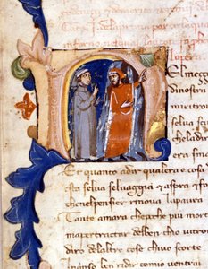 Dante og Virgil ved indgangen til Helvede. (lettrine "" N "") Begyndelsen af ​​helvede af en Divina Commedia (guddommelig komedie) fra det 14. århundrede i Milano, Trivulziansk bibliotek. (Midt på vores livs rejse ...) af Unknown artist
