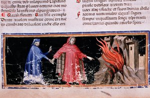 Dante og Virgil får helvedes porte (sang 3 af Helvede, i den guddommelige komedie) - miniature af Unknown artist