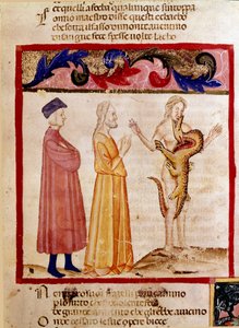 Dante og Virgil møder en synders sjæl, der er dømt til at blive fortæret af en drage. Oplyst side, der illustrerer en helvedesang, stammer fra "Divina Commedia" af Dante Alighieri (1265-1321). 1300-tallet, Venedig, Biblioteca Marciana af Unknown artist