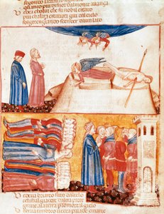 Dante og Virgil møder sjæle fra voldeligt døde mennesker. Oplyst side, der illustrerer en sang fra Skærsildsilden fra "Divina Commedia"" af Dante Alighieri (1265-1321). 14. århundrede, Venedig, Biblioteca Marciana af Unknown artist
