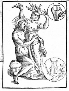 Daphne forfulgt af Apollo forvandles til laurbær - Indgravering i Natalis Comitis ""Mytologi eller forklaring af historier..."" Patavia af Unknown artist