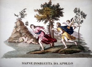 Daphne forfulgt af Apollon - i Mythological Dictionary af Unknown artist