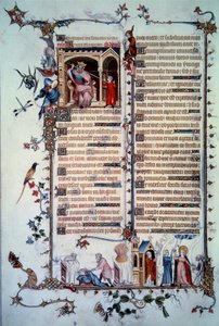 David truer med Saul. Allegori om grådighed. Nadverens sakramente. Allegori om velgørenhed. Miniature taget fra salmen "Breviaire de Belleville"" af Unknown artist
