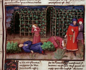 Død To mennesker dræbt af døden. Miniature fra "" Le Decameron"" af Jean Boccace (Giovanni Boccaccio) (1313-1375) 1450 Paris, Arsenals bibliotek af Unknown artist