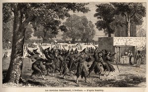 Dervisher Nakhisbendi, en persisk Bokhara, Iran). Tegning af Emile Bayard (1837-1891), for at illustrere rejsen til Centralasien, i 1863, af Arminius Vambery (ungarsk videnskabsmand forklædt i dervish). Indgravering i "" Le tour du monde"", redigeret af Ed af Unknown artist