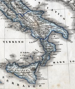 Detalje af et geografikort, der repræsenterer det sydlige Italien (Campania, Calabrien, Sicilien, Puglia, Molise Abruzzo-regionerne). 19. århundrede af Unknown artist