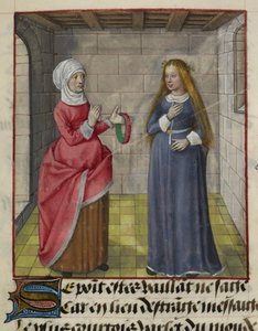 Detalje af en miniature af la Vieille (Duenna) og Bel Accueil (Fair Welcome), fra 