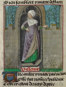 Detalje af en miniature af den allegoriske figur af Vilenie (Villainy), i den anden kolonne af folioen, fra 