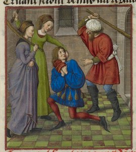 Yksityiskohta pienoiskoosta, jossa Honte, Peur ja Danger hyökkäävät rakastajaan, elokuvasta "Le Roman de la Rose" af Unknown artist