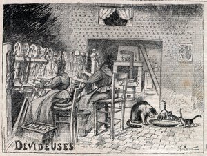 Devideuses - Atelier de Canut - interiør af et silkevæverværksted i Lyon, gravering i "Le Progres illustrious"" fra 1895 af Unknown artist
