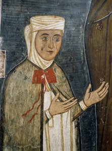 Troende Saramalyna Anastasia i tøj fra det 14. århundrede, fresko i den byzantinske kirke Vor Frue af Asinou (1100-tallet) (Unescos verdensarvsliste, 2001), Troodosbjergene, Cypern af Unknown artist