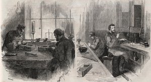 Diamantskæring på et værksted i Holland: kløvere og polere - gravering i "" Le Monde Illustré"" af Unknown artist