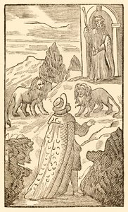 Vanskeligheden ligger bag, Frygt er før fra The Pilgrims Progress From This World, To That Who Is To Come af John Bunyan (1628-1688) Christian passerer mellem løverne, mens Vagtfuld portieren ser på af Unknown