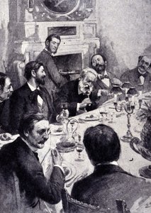 Spisning ved bordet af Victor Hugo med Jean Mounet Sully (Mounet-Sully) (1841 - 1916), fransk skuespiller. Indgravering af det 19. århundrede. af Unknown artist