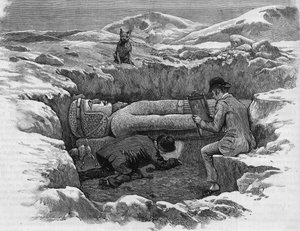 Opdagede den kolossale statue af Rhamses II. Hieroglyffer beregnes ved hjælp af en spejlrefleksion. Stik fra 1886. af Unknown artist