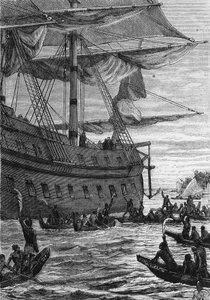 Discovery des Indes: Wallis rejse i Stillehavet; Indfødte mennesker skal møde Colonerne - i "" Les Voyageurs du 18eme et 19eme ecle", af Jules Verne, red. Hetzel et Cie, Paris. af Unknown artist