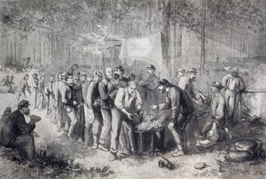 Uddeling af rationer til nordamerikansk militærenhed, USA, amerikansk borgerkrig, gravering af Unknown artist