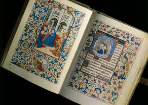 Dobbeltside af et åbent manuskript (bog): Helligåndens nedstigning. Miniature efter Breviary of Mary of Bourgogne af Unknown artist