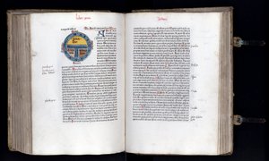 Dobbeltsidet med det skematiske kort over verden på T-O (TO) modellen, tre kontinenter er repræsenteret (Asien, Afrika og Europa). Manuskript "" Ethymologies"" (Etymologiae) af Isidorus (Isidore af sevilla) (560/570-636) 12. århundrede. 1472 af Unknown artist