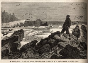 Dr. Hayes, ankommer til det frie hav af den arktiske pol, formålet med hans ekspedition, planter det amerikanske stjernebanner. Gravering for at illustrere rejsen til det frie hav af den arktiske pol, af Doctor Hayes, kirurg fra den amerikanske flåde, i 18 af Unknown artist