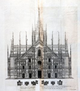 Tegning af facaden af Duomo i Milano, der viser dens ensartethed med bygningens krop. Mange arkitektoniske projekter blev designet omkring det 17. århundrede for at fuldende facaden, der var forblevet ufærdig. af Unknown artist