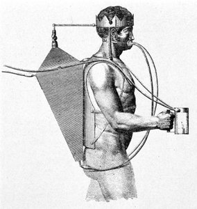 Driebergs scaphandre-projekt fra 1802, kendt som tritonen. Luften kommer lige ind i mandens mund. af Unknown artist