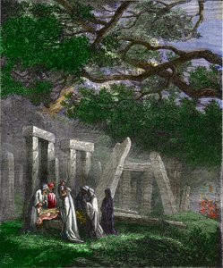 Druider udøver et menneskeoffer ved Stonehenge stoppet af romerske soldater - Menneskeoffer udført af druiderne ved Stonehenge stoppet af romerske soldater under ritualet - Farvelægningsgravering fra det 19. århundrede af Unknown artist