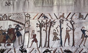 Hertug Guillaume beordrede bygning af skibe, træer blev fældet - Bayeux-tapet, kendt som Broderi af Dronning Mathilde af Unknown artist