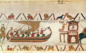 Earl Harold vender tilbage til England, Bayeux Tapestry (uldbroderi på hør) af Unknown artist