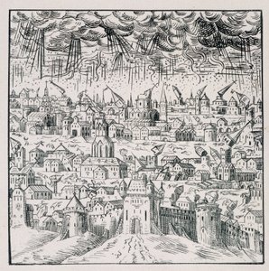 Erdbeben in Baden - in „Sammlung von 39 Figuren, die die Katastrophen Frankreichs von 1562 bis 1586 darstellen“; Druck von Louis Perrin