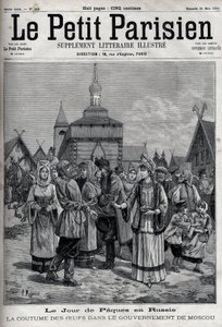 Påskedag i Rusland: Skikken med æg i Moskva-regeringen. Indbyggerne tilbyder røde æg for at fejre Kristi opstandelse. Gravering i "" Le Parisien"" af Unknown artist
