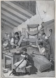Ebenisterie: stempellakeringsværksted. Indgravering fra 1885 i "" Les arts et metiers illustres"" af Adolphe BITARD. af Unknown artist