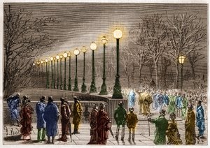 Elektrisk belysning: gulvlamper fra Victoria-kajen i London, Storbritannien. Indgravering i ""La Nature"" af Unknown artist