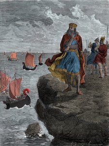 Kejser Karl den Store (Carlo Magno) ser ankomsten af normanniske skibe - Kong Karl den Store (742/747-814), kongen af frankerne, ser ned på fartøjer fyldt med invaderende nordboer af Unknown artist