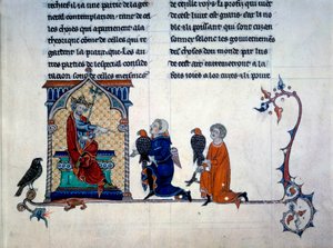 Kejser Frederik II (1194-1250) modtager minifalkoner fra "De arte venandi cum avibus" af Unknown artist