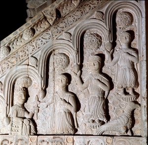 Kejser Frederik II af Hohenstaufen (1194-1250) repræsenterede med sin familie Bas-relief en ambon fra det 13. århundrede. Bitonto, katedral af Unknown artist