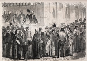 Kejser Napoleon III (1808-1873) på terrassen i villaen Strauss a Vichy, mødt af folket på landet søndag den 7. juli 1861 - Indgravering i "" Den illustere verden" af Unknown artist