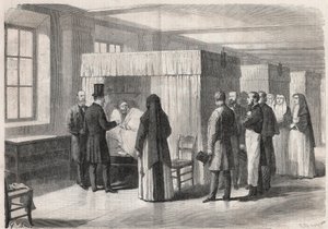 Kejser Napoleon III (1808-1873) besøger værelserne på Hotel Dieu (Hotel-Dieu) for kolerapatienter og taler med dem - Indgravering i "" The Illustrous World"" af Unknown artist