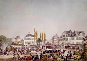 Kejser Napoleon I (1769-1821) gennemgår tropperne i Frankfurt. Stik fra 1813. Frankfurt, Historisk museum af Unknown artist