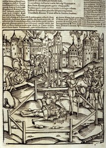 Eneide de Virgil (70 f.Kr.-19 f.Kr.), Bog XII, dræber de trojanske helte Enee i et Turnus-slag under øjnene af latinerne og Rutules. Xylografi af Sebastian Brant (1458-1521). Strasbourg af Unknown artist