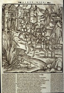 Eneide de Virgil (70 f.Kr.-19 f.Kr.), bog XIII (supplementum), den trojanske helte Enee modtager latinerne, der ofres til ære for krigens ofre. Xylografi af Sebastian Brant (1458-1521). Strasbourg af Unknown artist