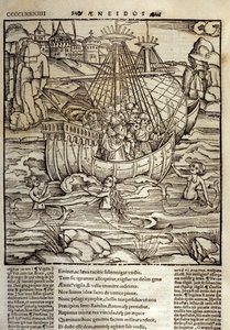 Eneide de Virgil (70 f.Kr.-19 f.Kr.), de trojanske helte Enee og hans ledsagere krydser et hav fyldt med sirene. Xylografi af Sebastian Brant (1458-1521). Strasbourg af Unknown artist