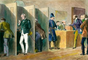 Engelsk demokrati: Inde i et valgsted under valg i England med repræsentation af stemmekabinerne. Indgravering af det 19. århundrede. Saml. Ud. af Unknown artist